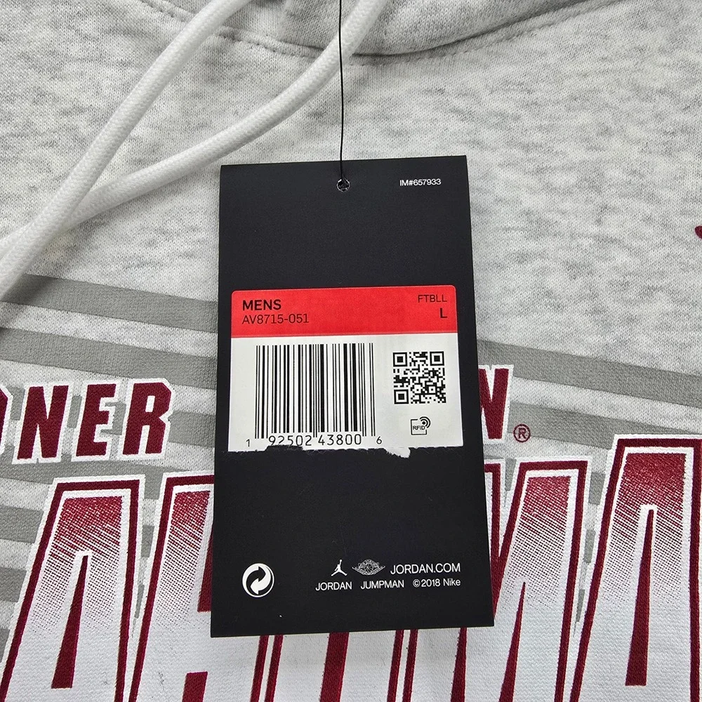 Oklahoma Sooners Nike Jordan Hoodie Sweatshirt Mens Large Gray Boomer Sooner NWT
